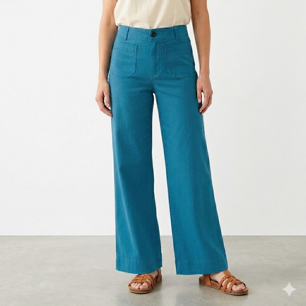 Maeve Anthropologie The Colette Full Length Pants Teal Blue Wide Leg Linen 32
